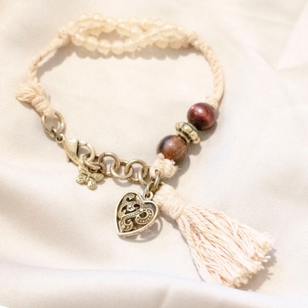 Boutique Natural Rope Bronze Charm Heart Butterfly Bohemian Wood Bead Bracelet - Picture 2 of 12